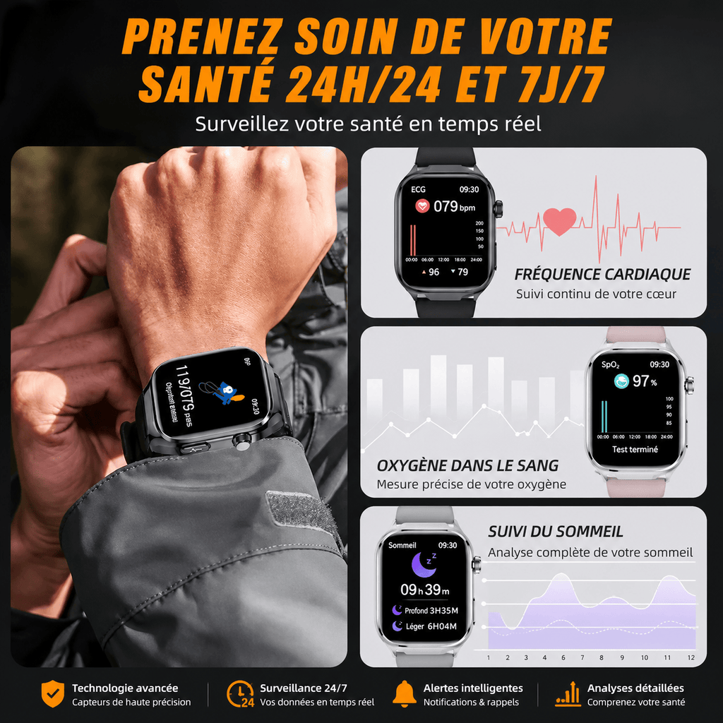 Montre Connectée Santé Premium IA – ECG, Température, Oxygène Sanguin & Analyse Complète