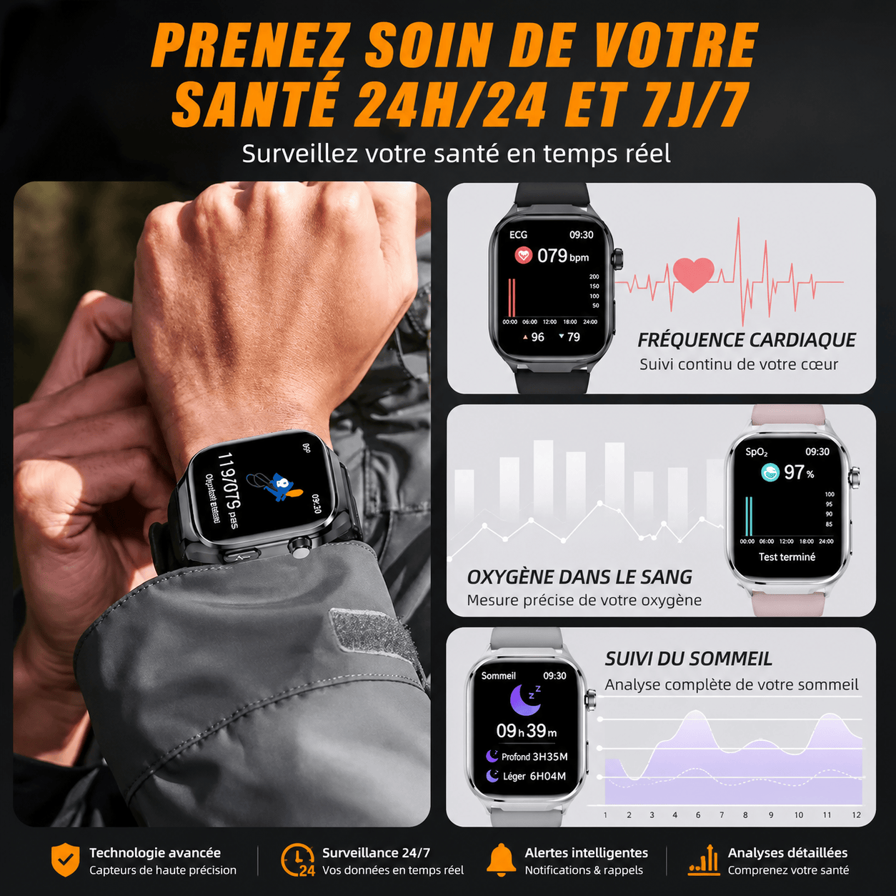 Montre Connectée Santé Premium IA – ECG, Température, Oxygène Sanguin & Analyse Complète