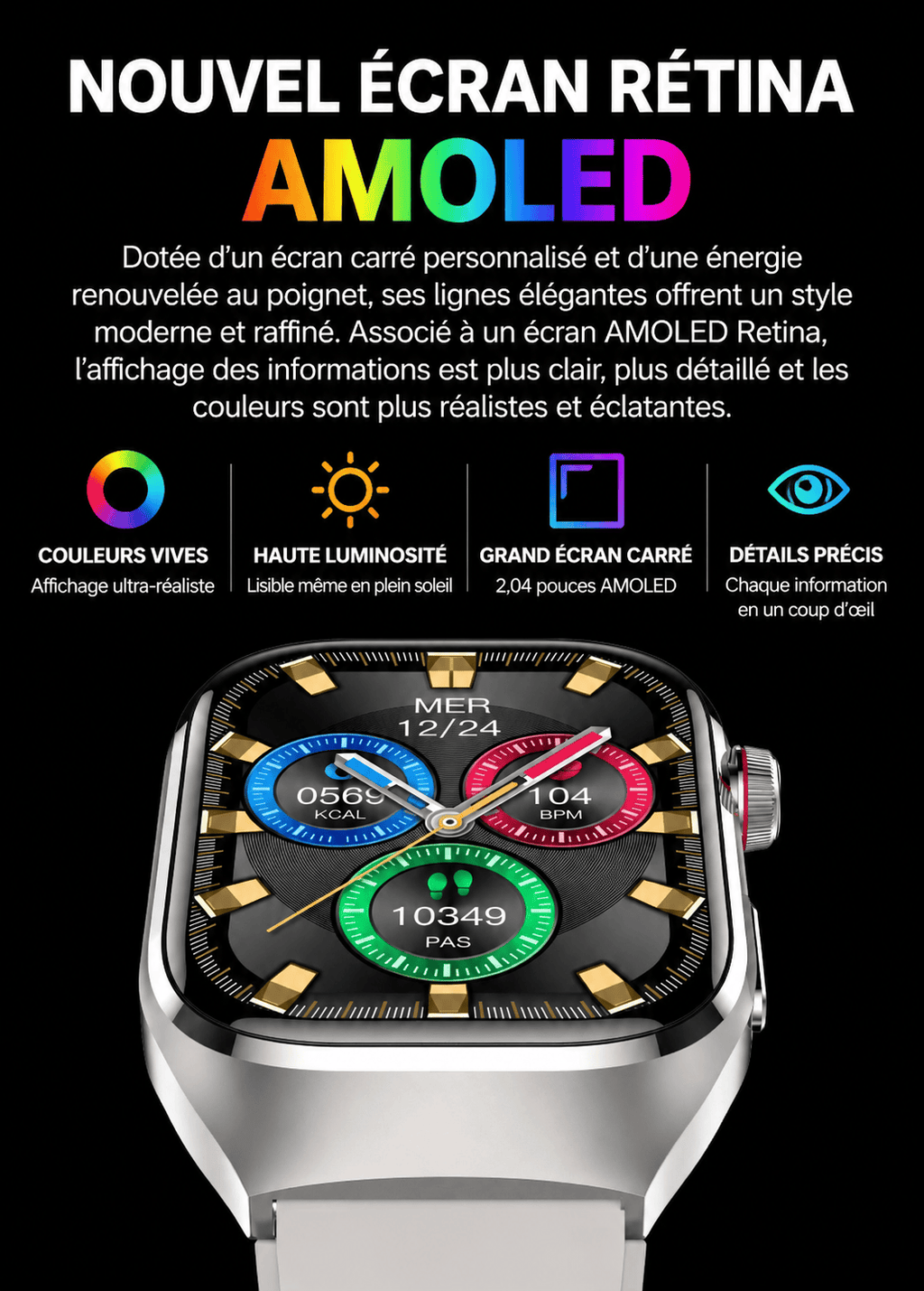 Montre Connectée Santé Premium IA – ECG, Température, Oxygène Sanguin & Analyse Complète