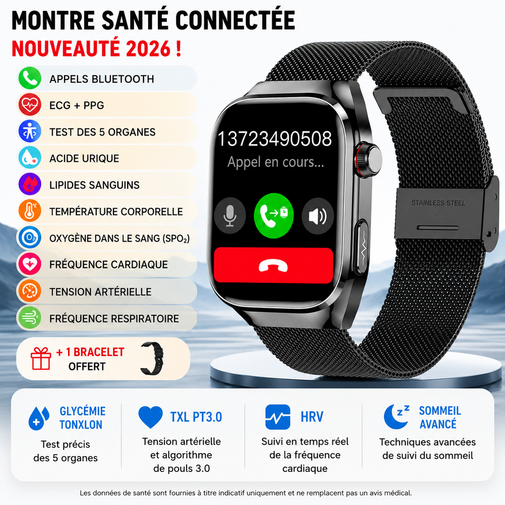 Montre Connectée Santé Premium IA – ECG, Température, Oxygène Sanguin & Analyse Complète
