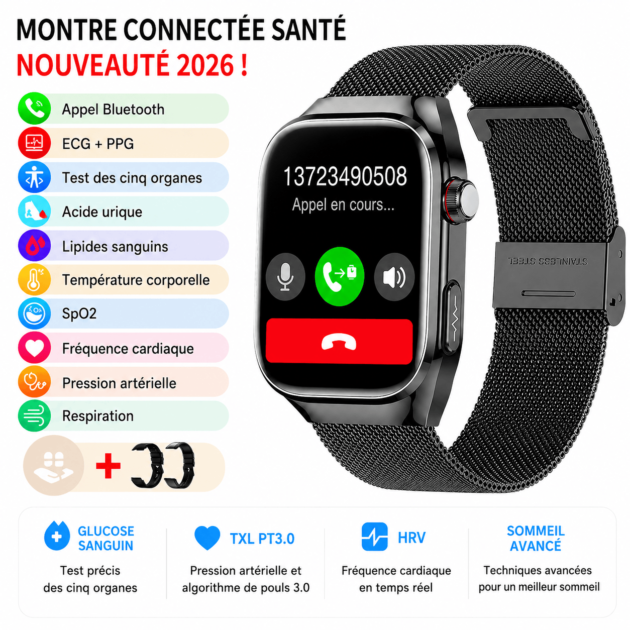 Montre Connectée Santé Premium IA – ECG, Température, Oxygène Sanguin & Analyse Complète