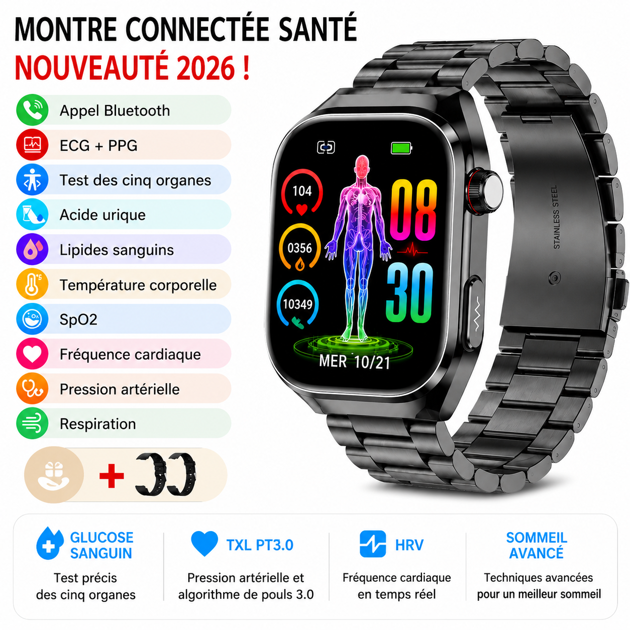 Montre Connectée Santé Premium IA – ECG, Température, Oxygène Sanguin & Analyse Complète