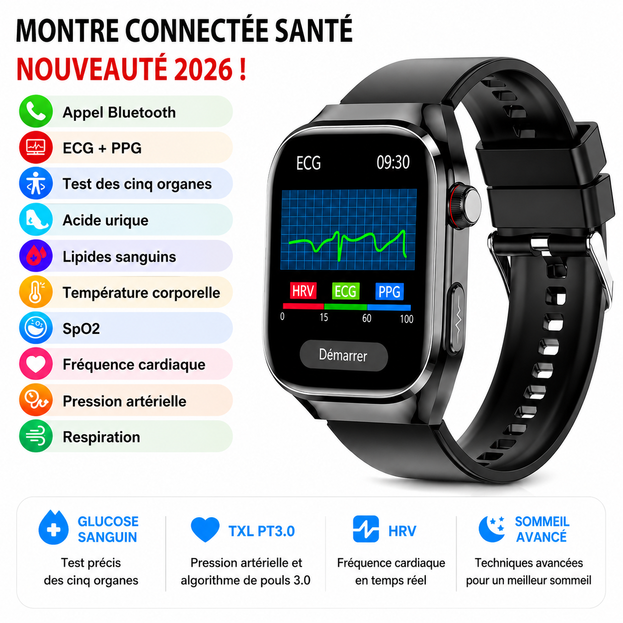 Montre Connectée Santé Premium IA – ECG, Température, Oxygène Sanguin & Analyse Complète
