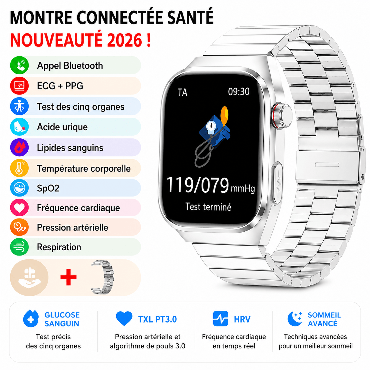 Montre Connectée Santé Premium IA – ECG, Température, Oxygène Sanguin & Analyse Complète