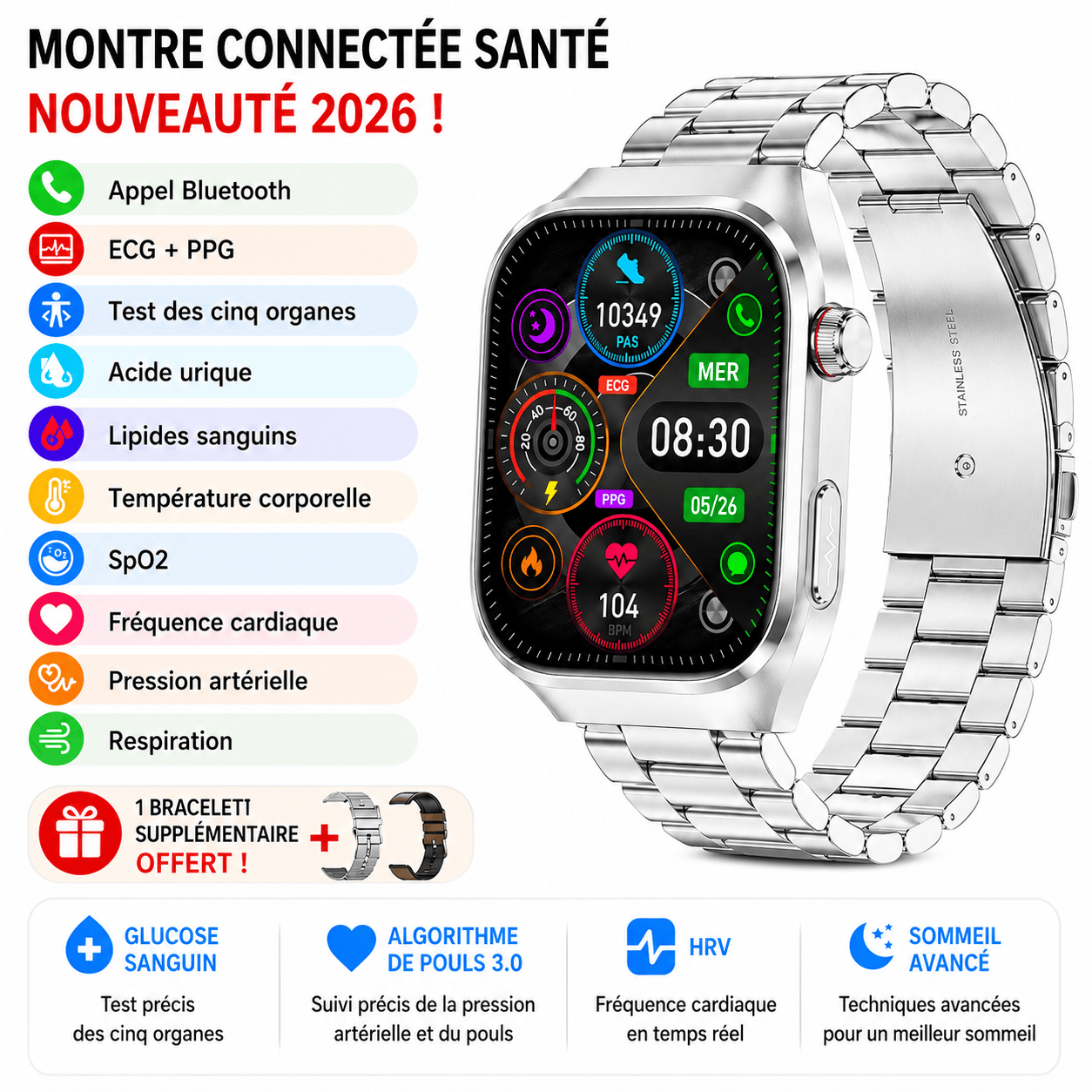 Montre Connectée Santé Premium IA – ECG, Température, Oxygène Sanguin & Analyse Complète