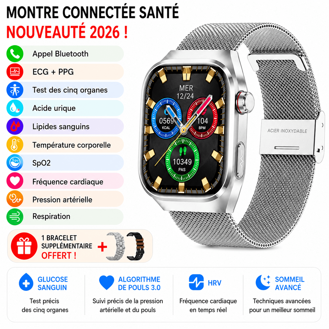 Montre Connectée Santé Premium IA – ECG, Température, Oxygène Sanguin & Analyse Complète