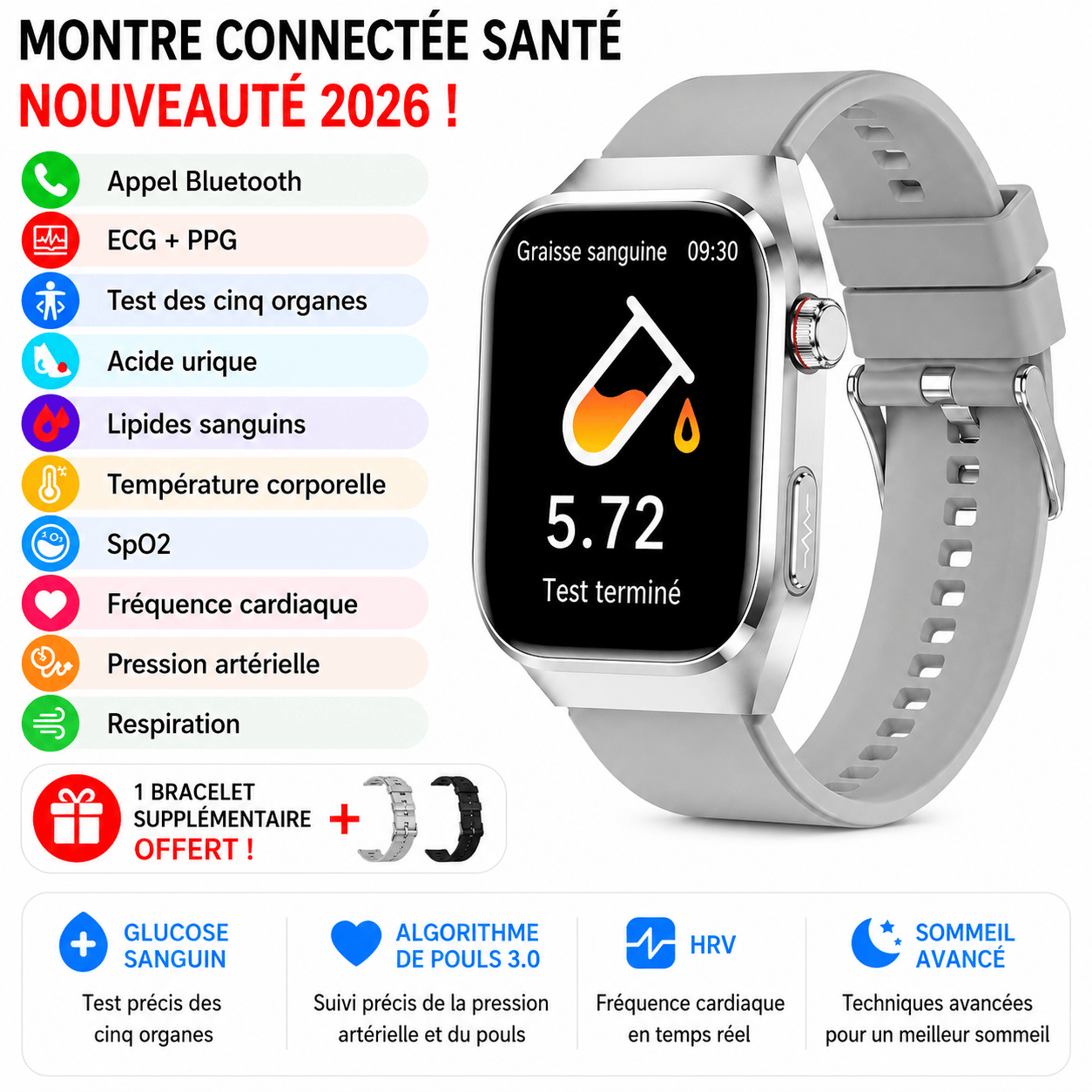 Montre Connectée Santé Premium IA – ECG, Température, Oxygène Sanguin & Analyse Complète