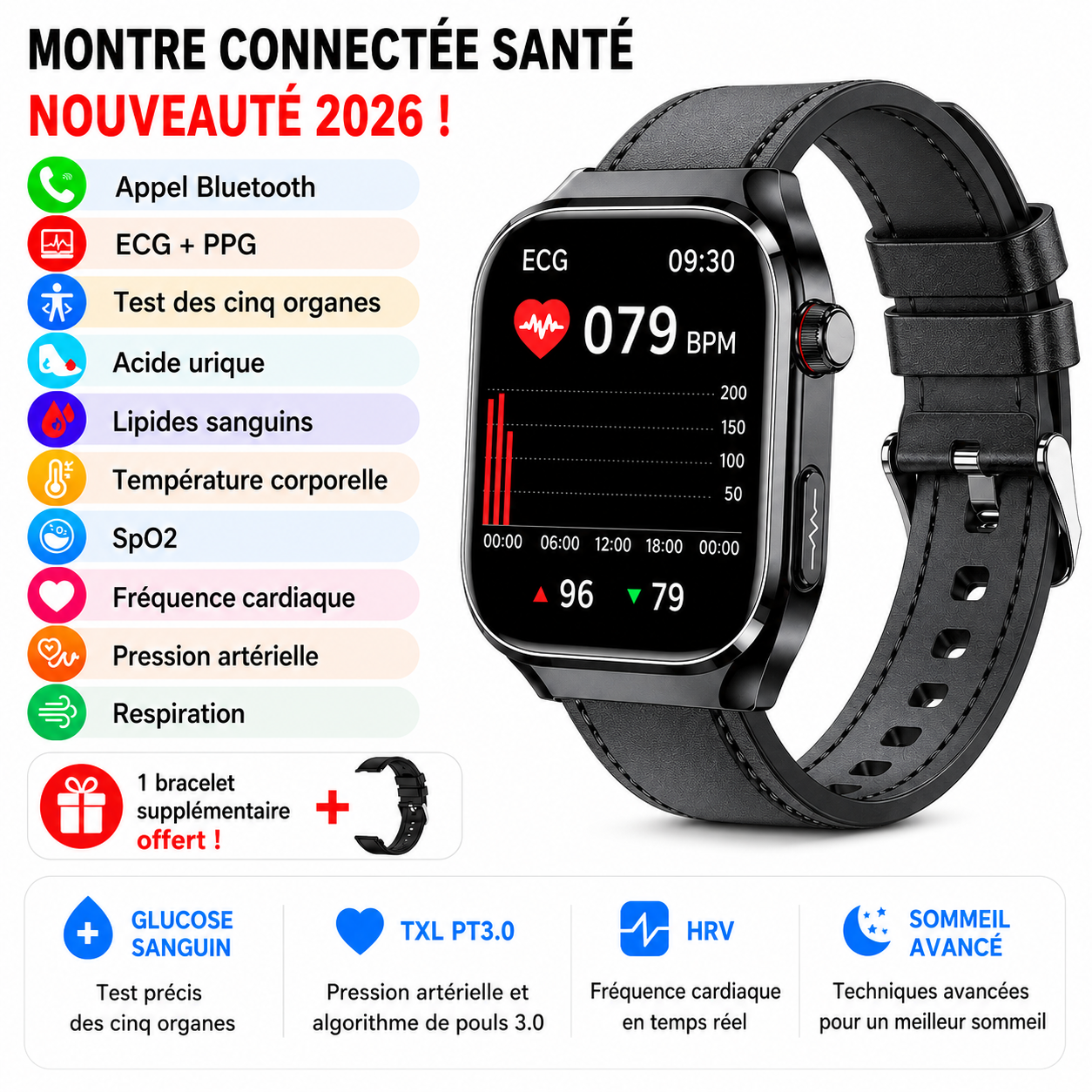 Montre Connectée Santé Premium IA – ECG, Température, Oxygène Sanguin & Analyse Complète