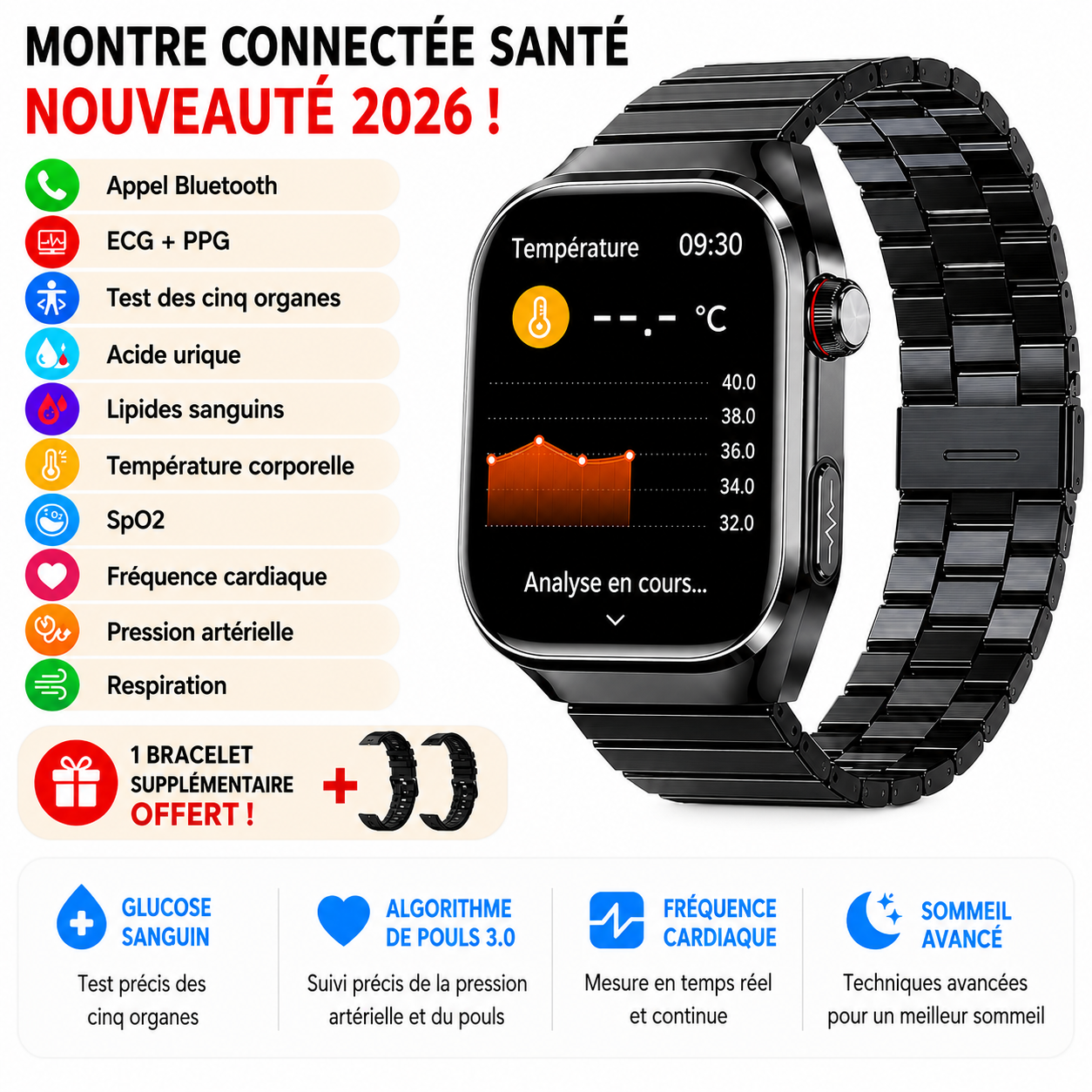 Montre Connectée Santé Premium IA – ECG, Température, Oxygène Sanguin & Analyse Complète