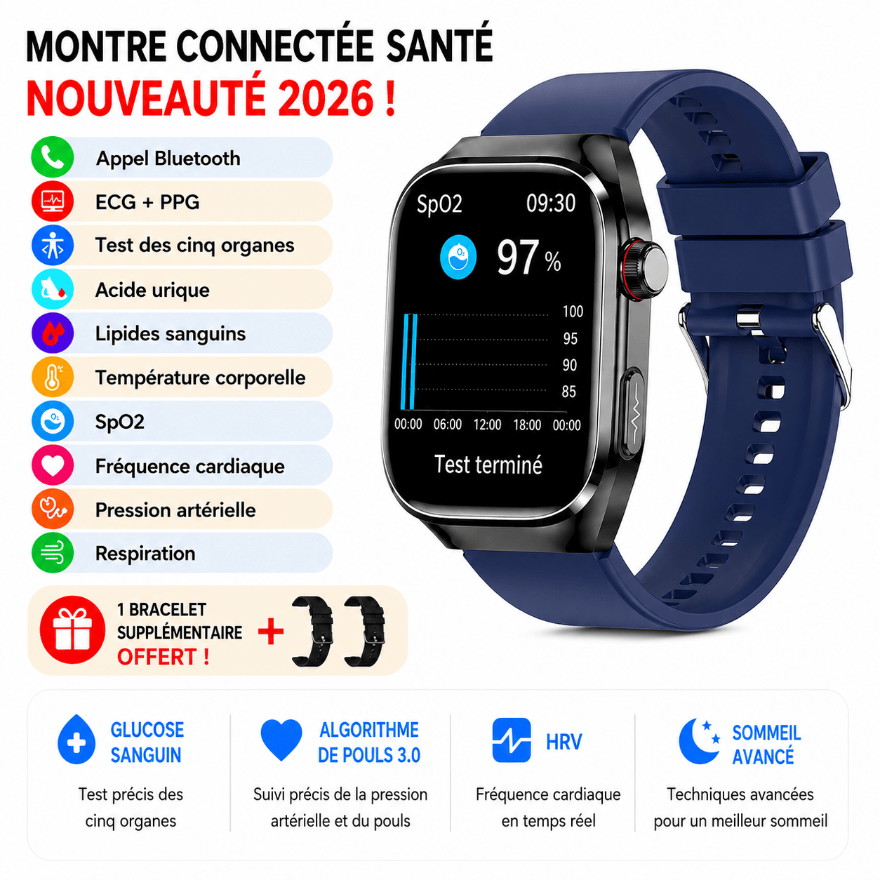 Montre Connectée Santé Premium IA – ECG, Température, Oxygène Sanguin & Analyse Complète