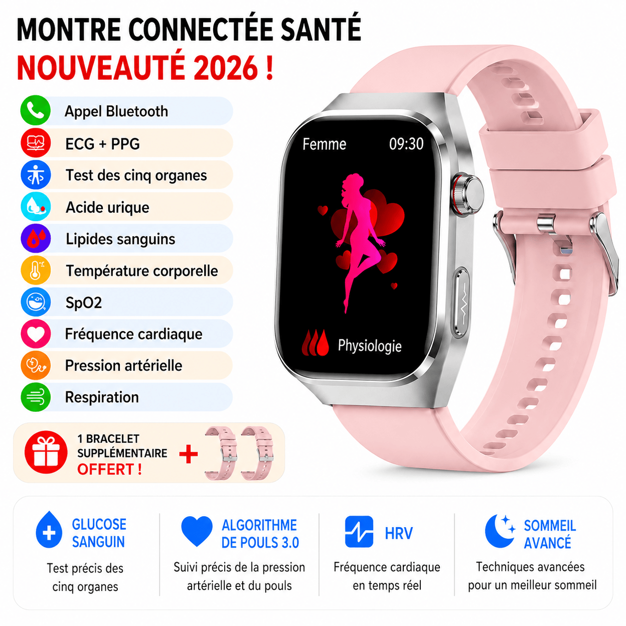 Montre Connectée Santé Premium IA – ECG, Température, Oxygène Sanguin & Analyse Complète