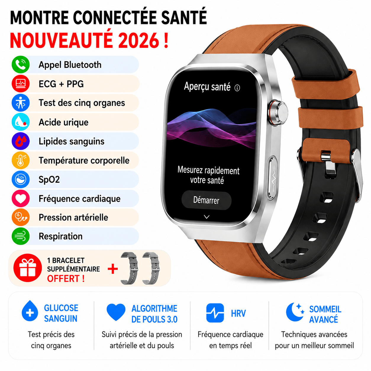 Montre Connectée Santé Premium IA – ECG, Température, Oxygène Sanguin & Analyse Complète