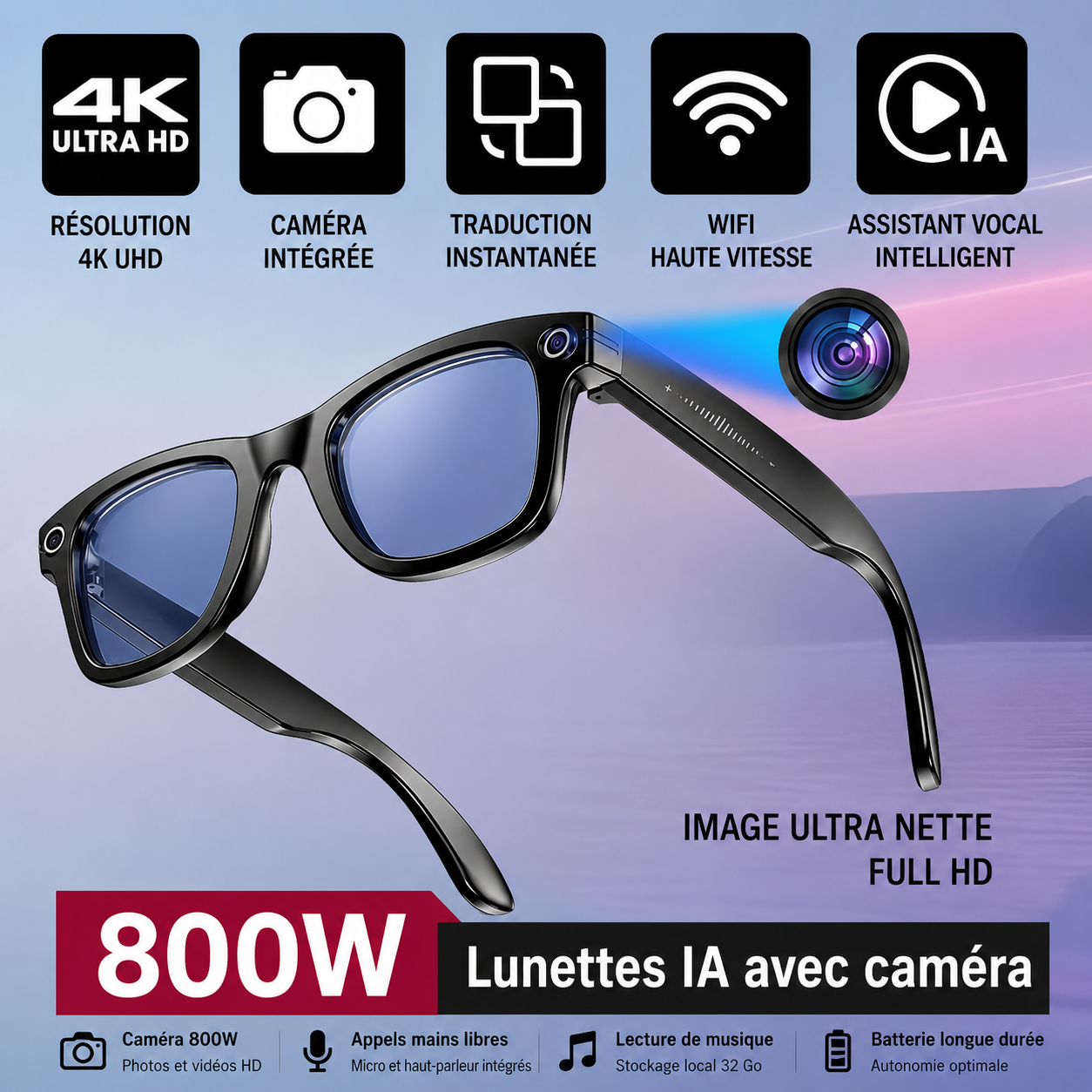 AI Smart Glasses W610 – Lunettes Connectées Bluetooth avec ChatGPT & Caméra HD